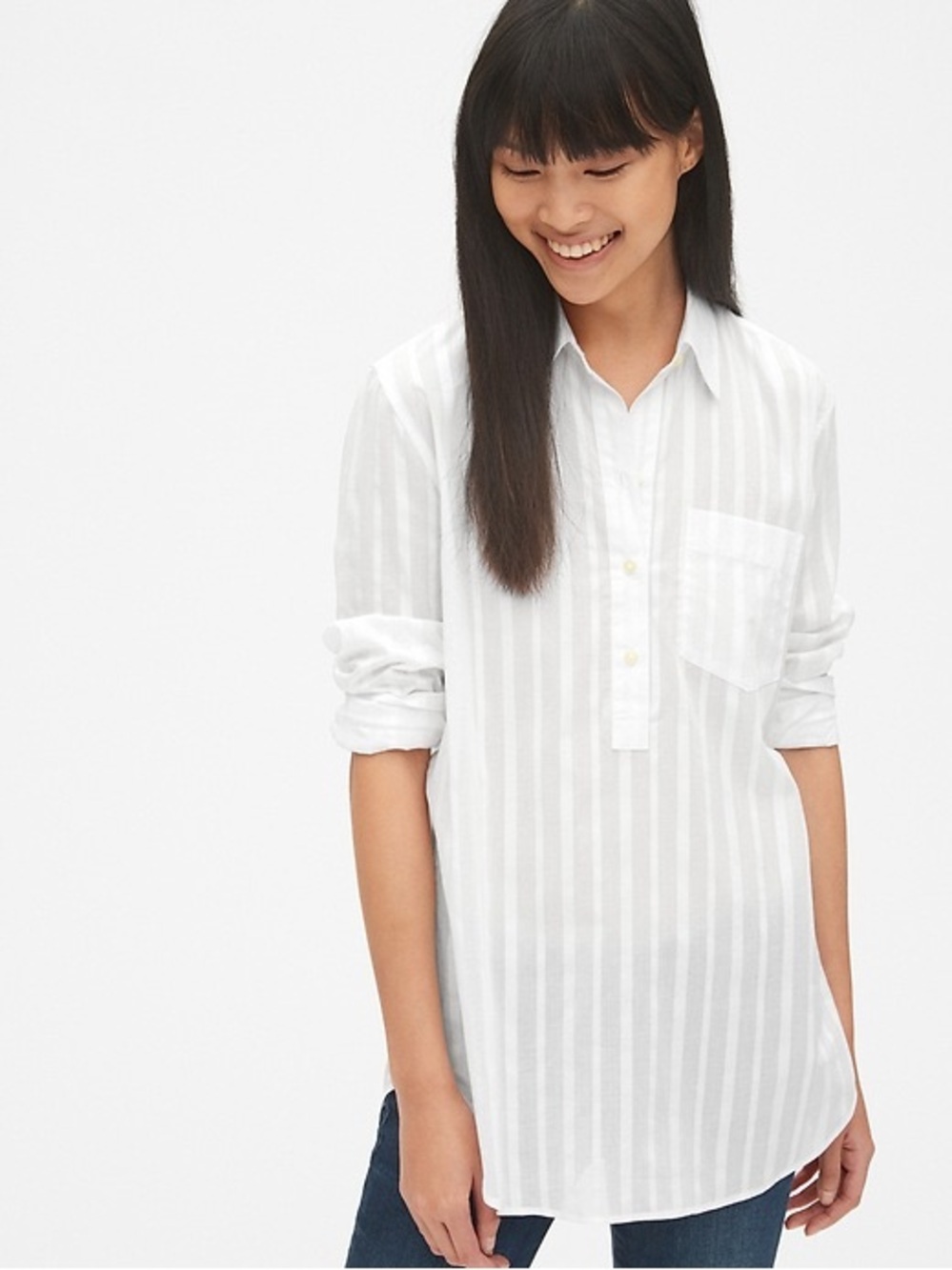 GAP White Boyfriend Stripe Popover Tunic Shirt.